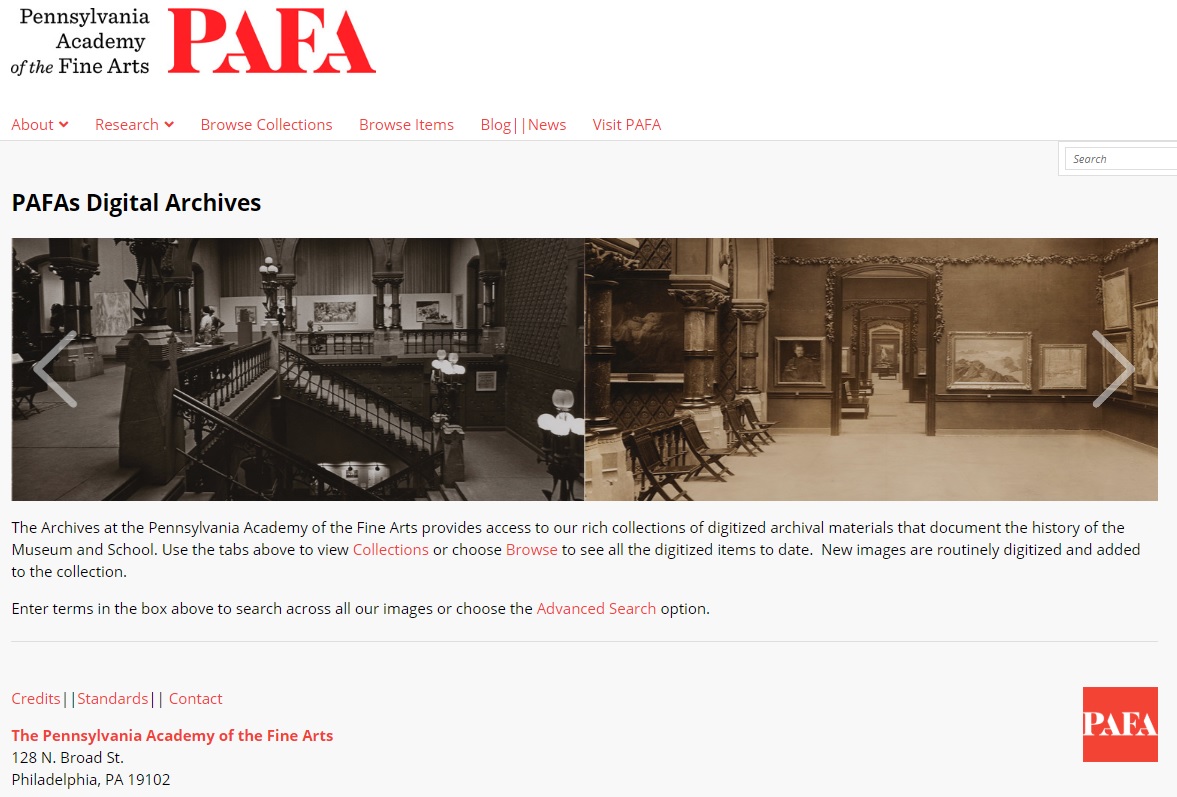 Screenshot of the landing page for PAFA's upgraded Digital Archives portal.